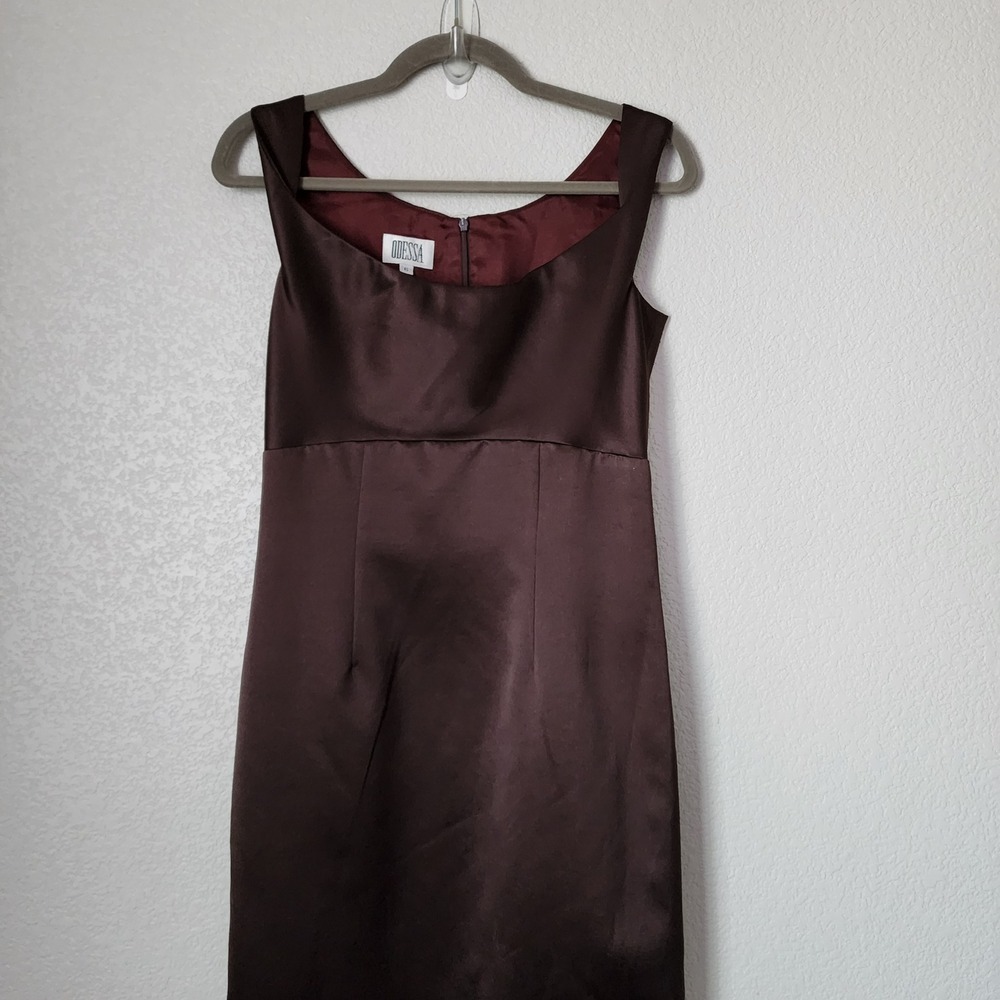 ODESSA Satin column Maxi Dress Brown Square‎ Neck Minimal 90s Formal 6 - Picture 11 of 11